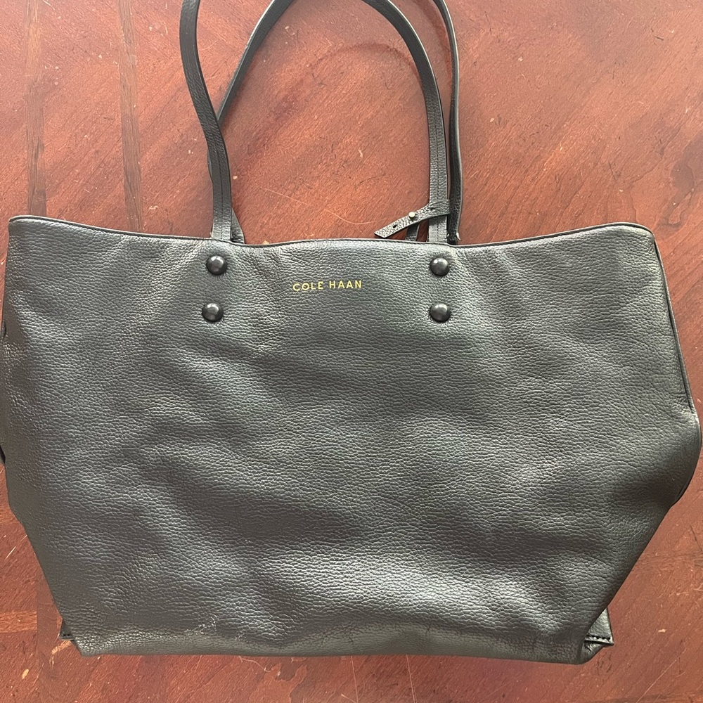 Cole Haan Black Structured Tote with Pebbled Texture